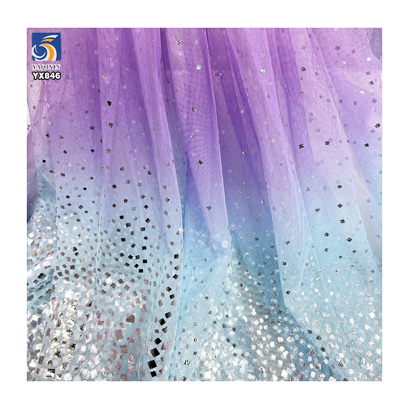 YX846 Support Custom Gradient Colors Girls Skirts 100% Polyester Rainbow Tulle Mesh Fabric With Silver Square Sequins