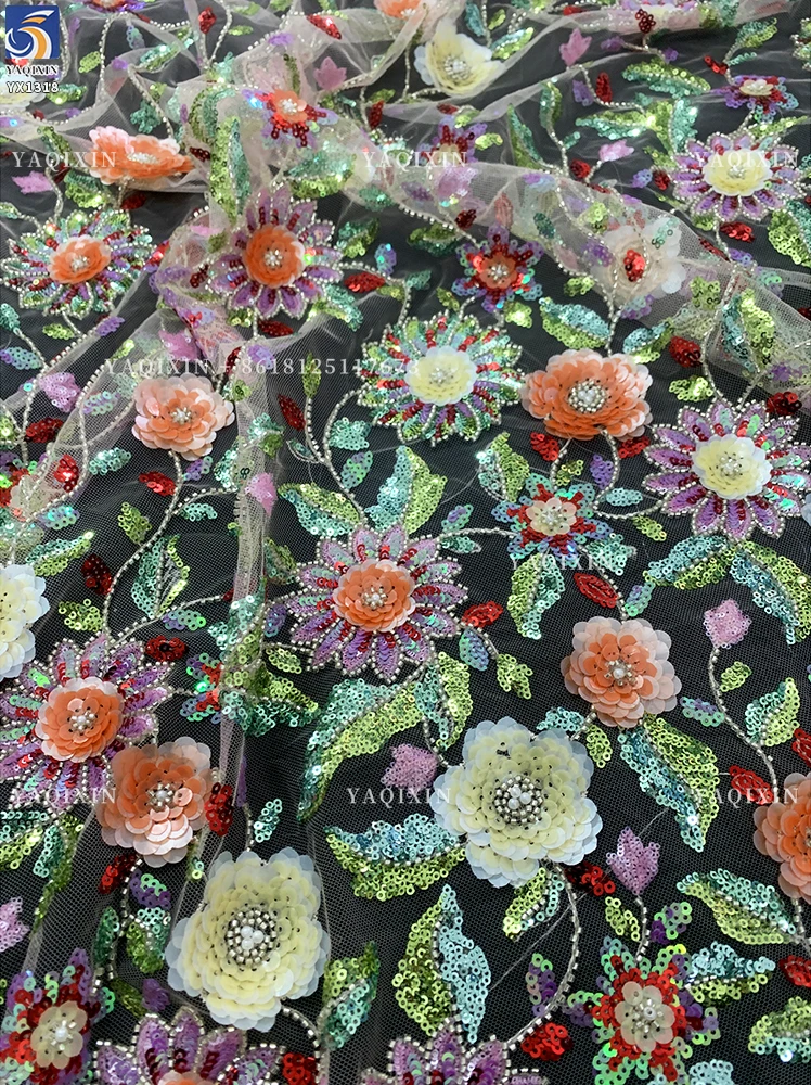 YX1318 Green Colorful Flowers Sequins Heavy Embroidery Mesh Lace Fabric Textiles Lace Fabric Hawaiian Summer Style Lace Dress - 图片 6