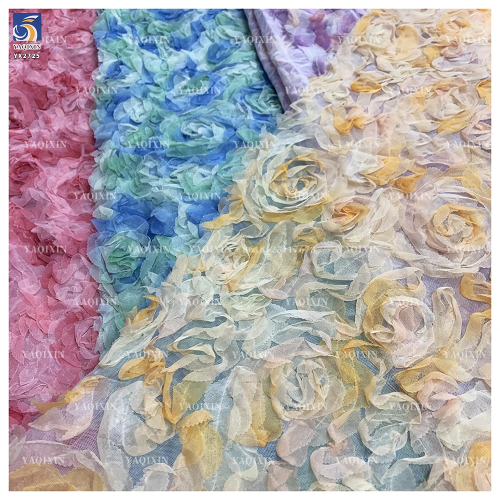 YX2725 New Design 2026 Multi-Color Gradient 3D Flower Embroidery Tulle Fabric With 3D Roses - 图片 2