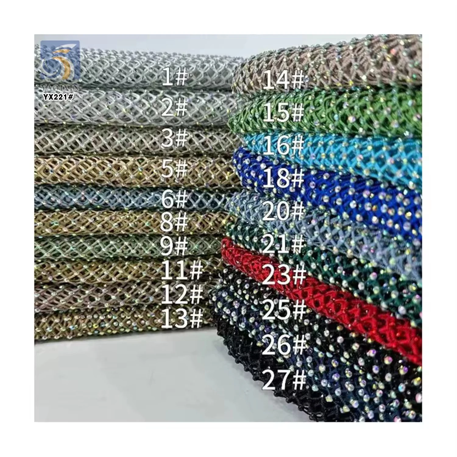 YX221 Wholesale 130gsm Polyester Net Mesh Glitter 3D Rhinestone Fabric - 图片 3