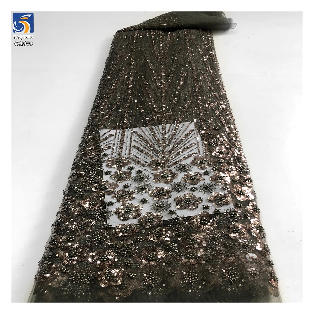 YX2494 Reasonable Price Indian African Wine Red Sequined Lace Fabric With Beads and Sequin Embroidery Lace Fabric Per Meter - 图片 6