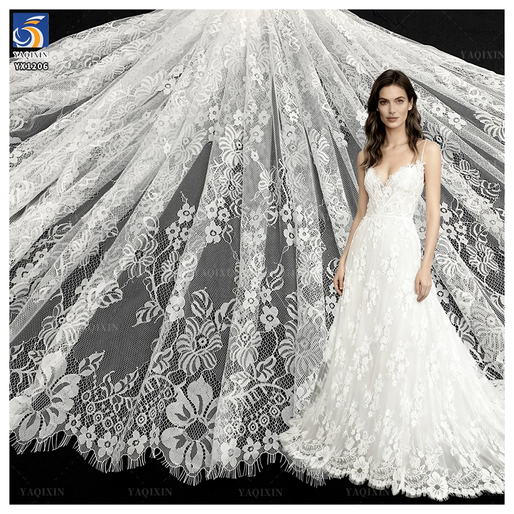 YX1206 Cheap and High Quality Latest Mesh Eyelash Lace Fabric Milky White Flower Embroidery German Wedding Dress Lace Fabric