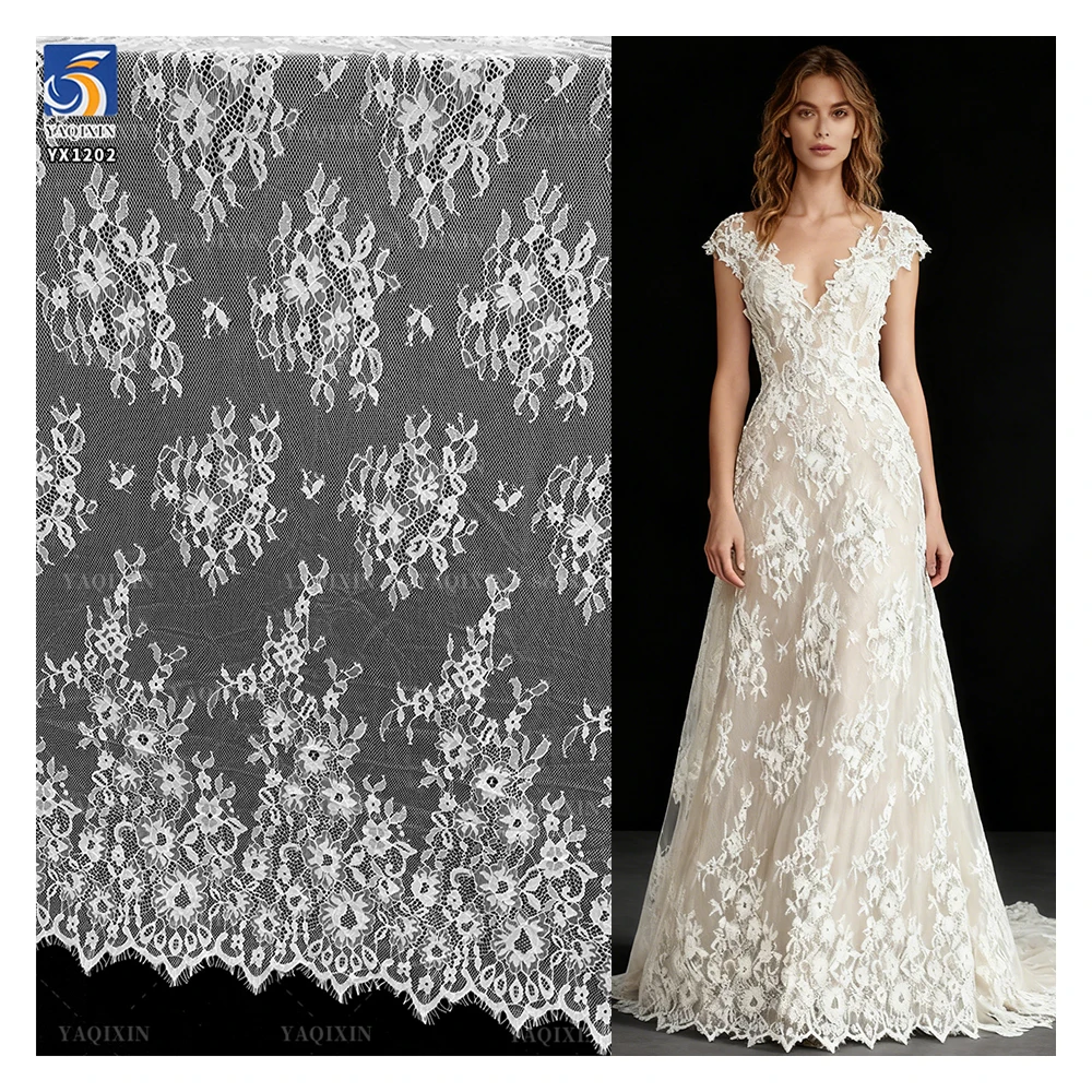 YX1202 Germany and France Europe Style Wedding Mesh Lace Fabric for Bride Embroidery Eyelash Lace Fabric Popular Designs