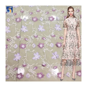 YX884 Fast Shipping Polyester Multi-color Morning Glory Embroidered Tulle Fabric Embroidery Floral Purple Mesh Fabric for Woman