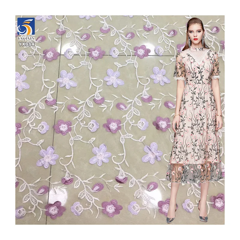 YX884 Fast Shipping Polyester Multi-color Morning Glory Embroidered Tulle Fabric Embroidery Floral Purple Mesh Fabric for Woman