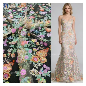 YX1320 Hot-Selling Lace Fabric Colorful Floral 3D Lace Glitter Sequin Embroidered Mesh Women's Dress Fabric