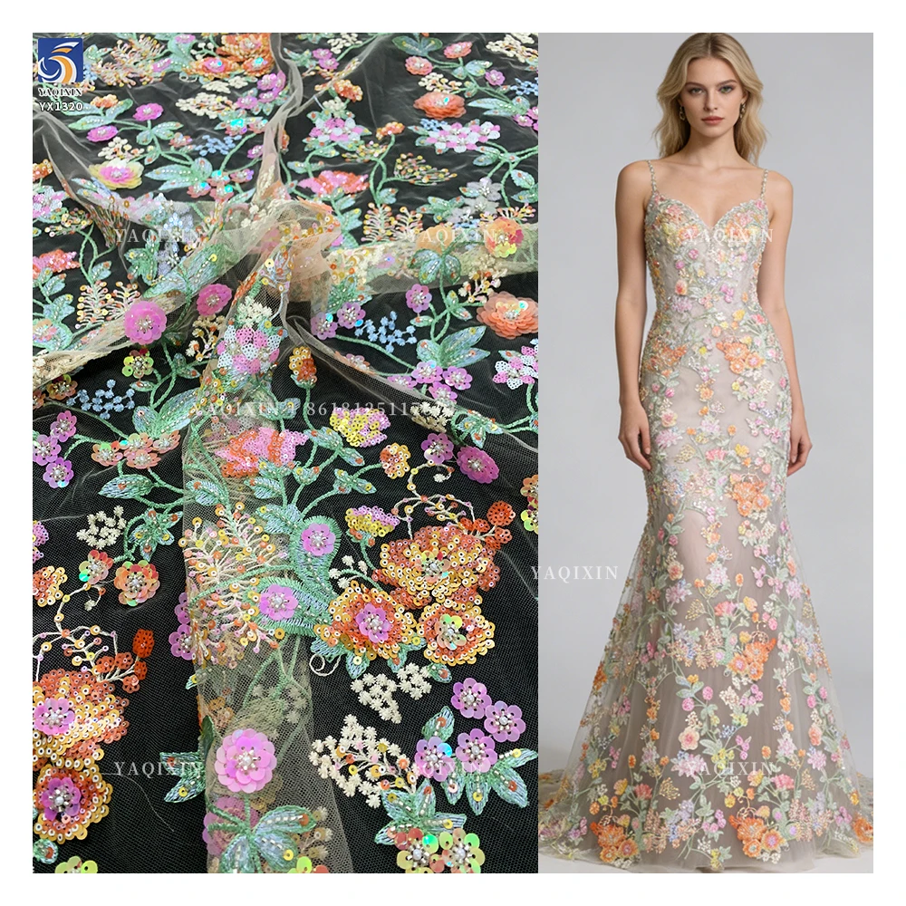 YX1320 Hot-Selling Lace Fabric Colorful Floral 3D Lace Glitter Sequin Embroidered Mesh Women's Dress Fabric