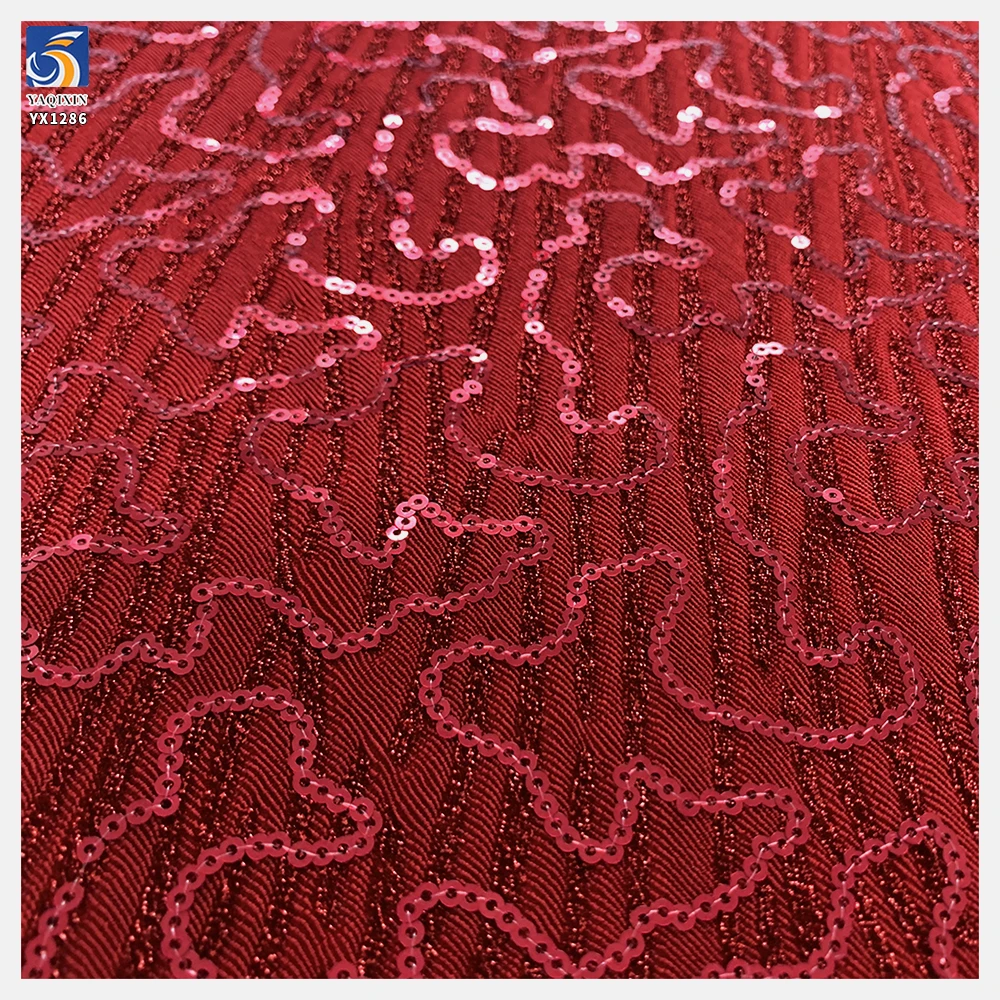 YX1286 240g Bright Red Nylon Stretch Knit Striped Jacquard Fabric With Sequin Embroidery Jacquard Fabric for Woman Dress - 图片 5