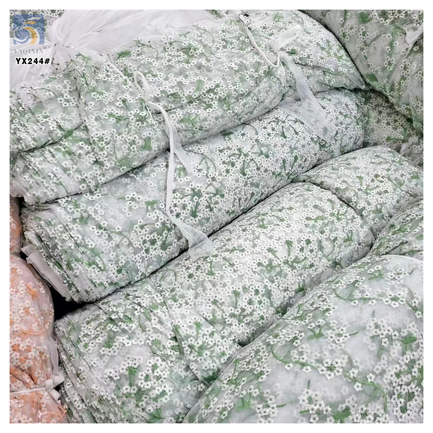 YX244 Golden Supplier French Green Floral Embroidery Lace Fabric Fresh Retro Style Tulle Lace Fabric for Girls' Dress - 图片 6