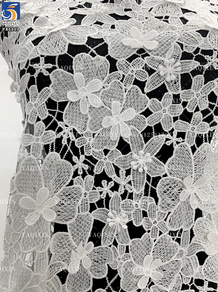 YX1213 200gsm Hand Embroidery 3D Flowers Lace Fabric Water-Soluble Milk Silk Embroidery Poly Net Lace Fabric White Dress - 图片 3