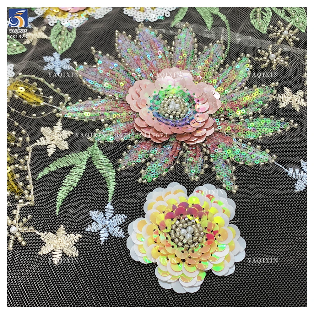 YX1323 New Arrival Sunflower Design With Unique Sequin Germany Lace Fabric DIY Custom Design 3D Lace Glitter Lace Fabric - 图片 3
