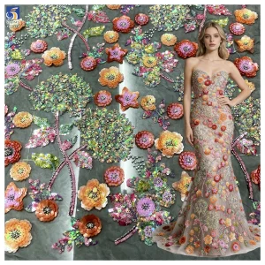 YX1316 Latest 3D Five-Pointed Star Flower Sequin Embroidery Mesh Tulle Fabric Florals Pattern Beaded Sequin Mesh Lace Fabric