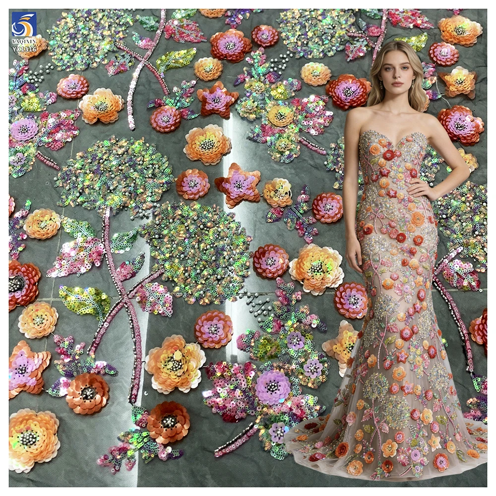 YX1316 Latest 3D Five-Pointed Star Flower Sequin Embroidery Mesh Tulle Fabric Florals Pattern Beaded Sequin Mesh Lace Fabric