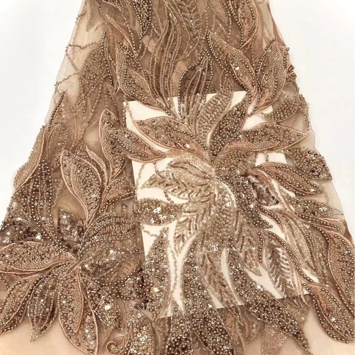 YX1051 Luxurious Lace Material Apricot Embroidery Beads Wedding Sequins Mesh Tulle Lace Fabrics for Evening Party Dresses