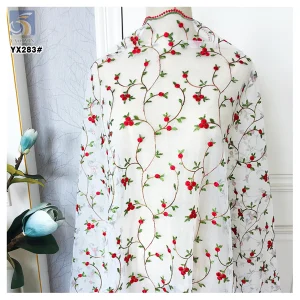 YX283 New Arrivals 2025 Design Polyester Swiss Voile Tulle Lace Red Floral Embroidery 3D Fabric for Dress