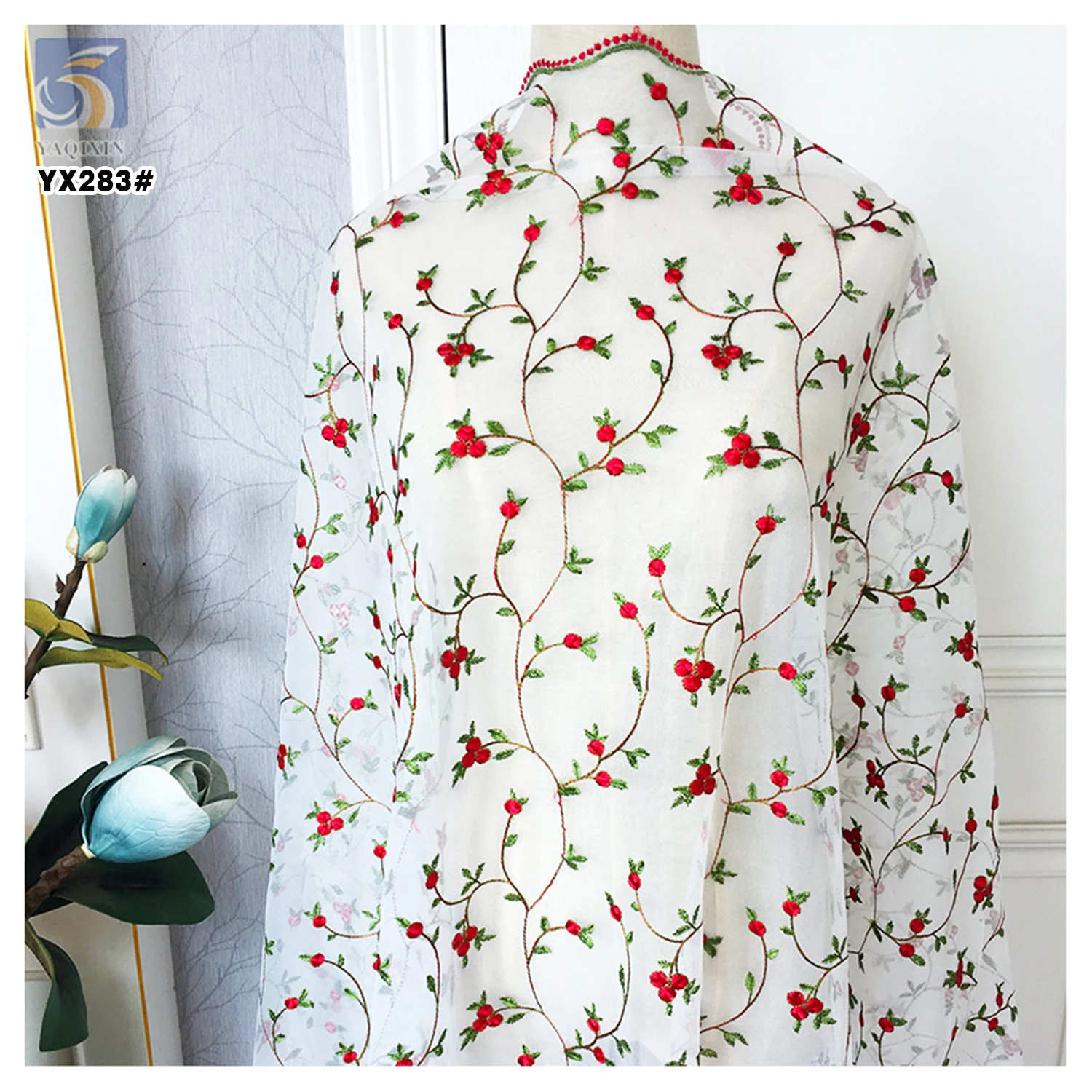 YX283 New Arrivals 2025 Design Polyester Swiss Voile Tulle Lace Red Floral Embroidery 3D Fabric for Dress