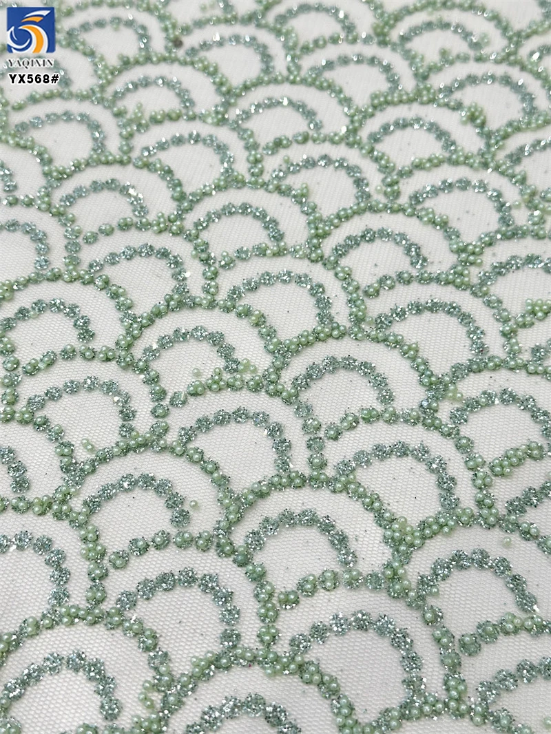 YX568 Low MOQ Custom Design African Nigerian Lace Tulle Knitted Green Beads Sparkle Glitter Lace Mesh Tulle Fabric - 图片 5