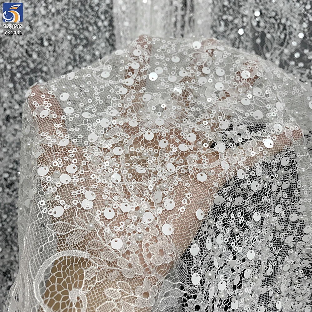 YX1031 7 Days Sample Custom Fabric Eyelash White Lace Fabrics 3D Beaded Sequins Wedding Eyelash Lace Fabrics Textiles - 图片 4