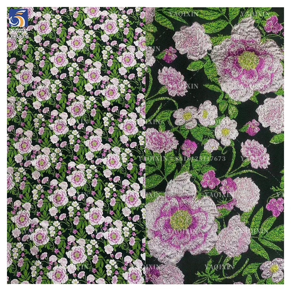 YX1235 Popular 220gsm Brocade Satin Jacquard Upholstery Fabric Green 3D Florals Embossed Yarn-Dyed Gold Brocade Fabric - 图片 5