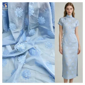 YX1401 Laser 3D Embroidery Sunflower Flowers Chiffon Fabrics With Sequins Crepe Chiffon Fabric for Chinese Cheongsam