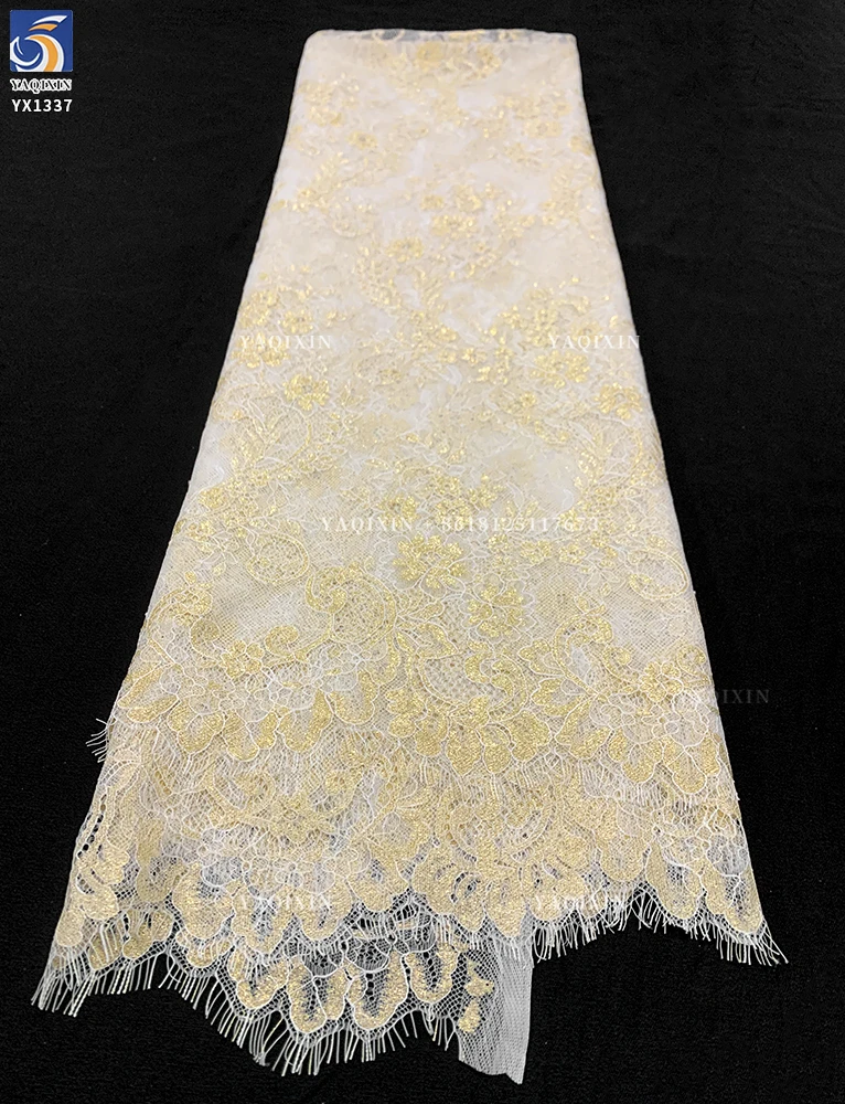 YX1337 Hot Selling Styles French Eyelash Lace Fabric With Gold Thread Embroidery High Quality Lace Dubai Wedding Fabric - 图片 2