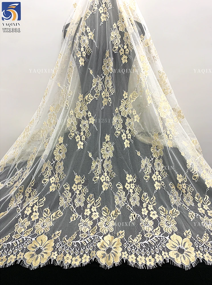 YX1331 3m*1.5m China Hot-Selling Gold Thread Eyelash Lace Fabric for Long Dress Luxury Embroidery Mesh Dubai Lace Fabrics - 图片 2