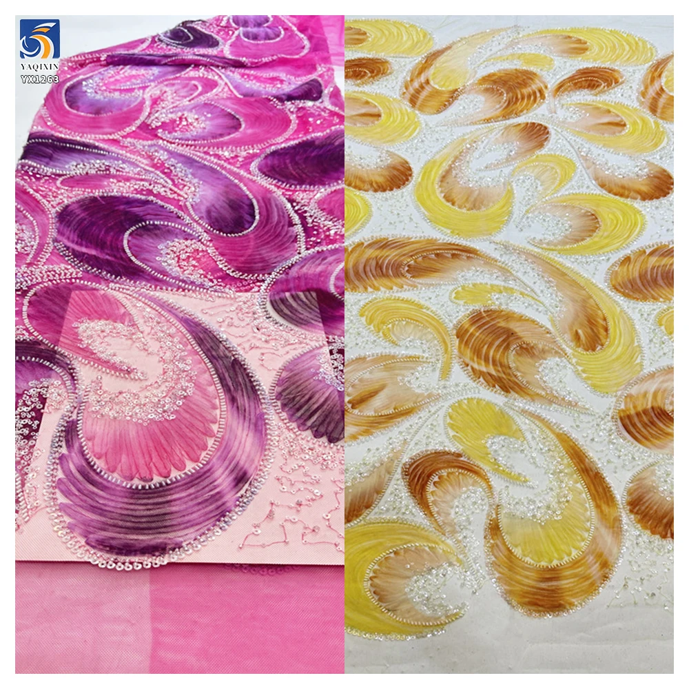 YX1263 New Arrival Mermaid Design Dress Fabric 3D Printed Floral Embroidery Colorful Mesh Lace Fabric With Bead 5 Yards - 图片 3