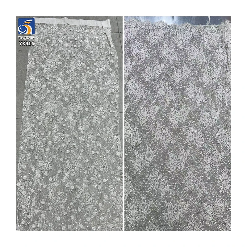 YX916 High-End Elegant White Eyelash Lace Fabric Water-Soluble Lace Fabrics With Bone Thread Heavy Embroidery Beads and Tube - 图片 5