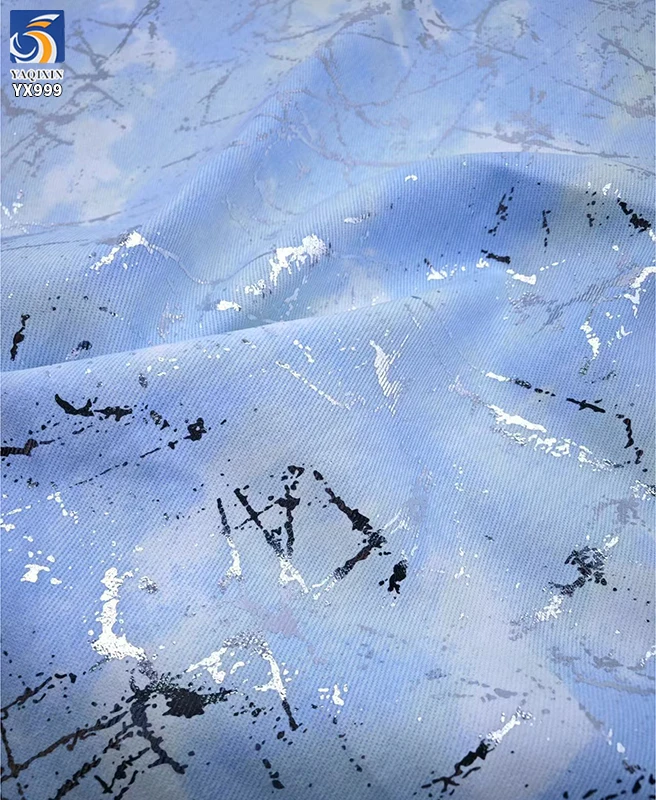 YX999 220g/m² Tie-Dyed Denim Fabric With Silver Foil Print and Splashed Film Patterns Foil Printed Denim Fabric for Skirt - 图片 2