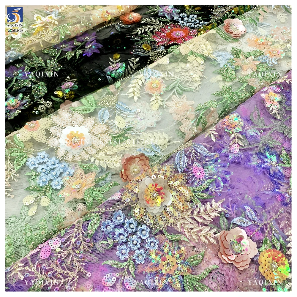 YX1309 Top Sales Forest Pattern 3D Floral Embroidered Mesh Fabric for Women's Skirts DIY Handmade Pearls Sequin Flowers Fabric - 图片 6