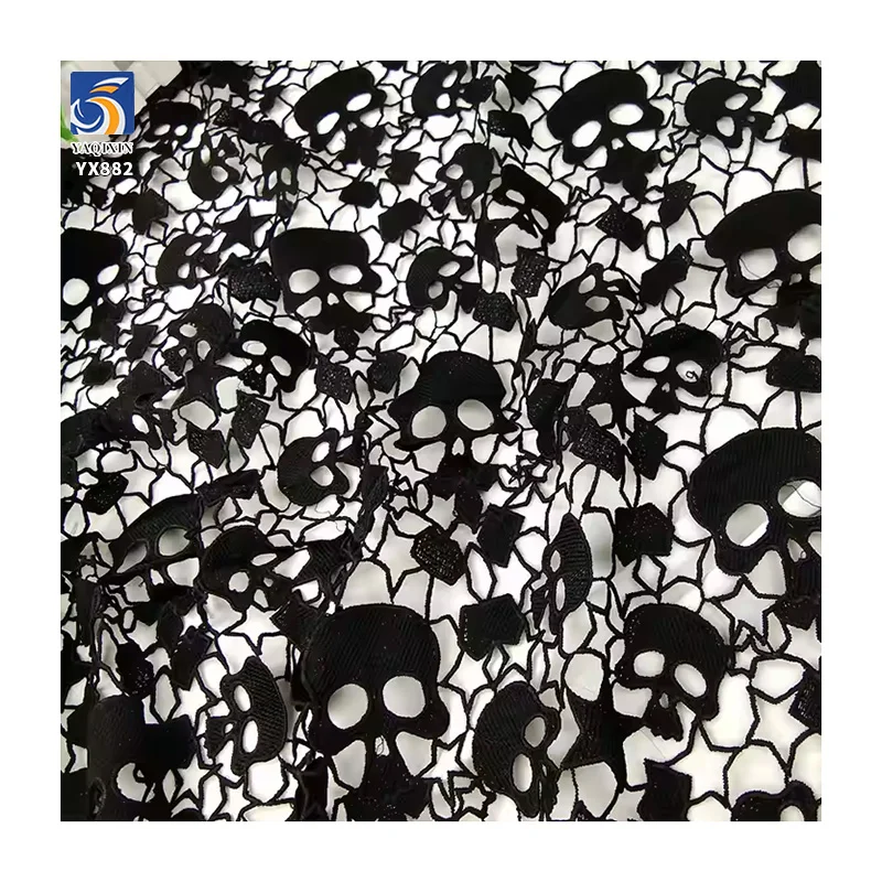 YX882 200gsm Halloween Black Milk Silk Embroidery Lace Embroidery Fabric Holiday Halloween Skull Net Mesh Fabric - 图片 3