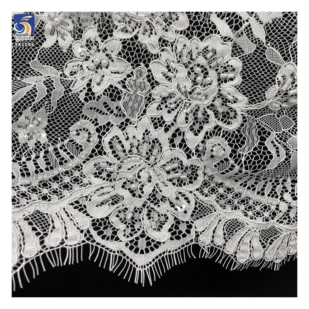 YX1096 Heavyweight White Mesh Bridal Wedding Dress Lace Fabric Pearls Woven Embroidery Italian Net Eyelash Lace Fabrics - 图片 3