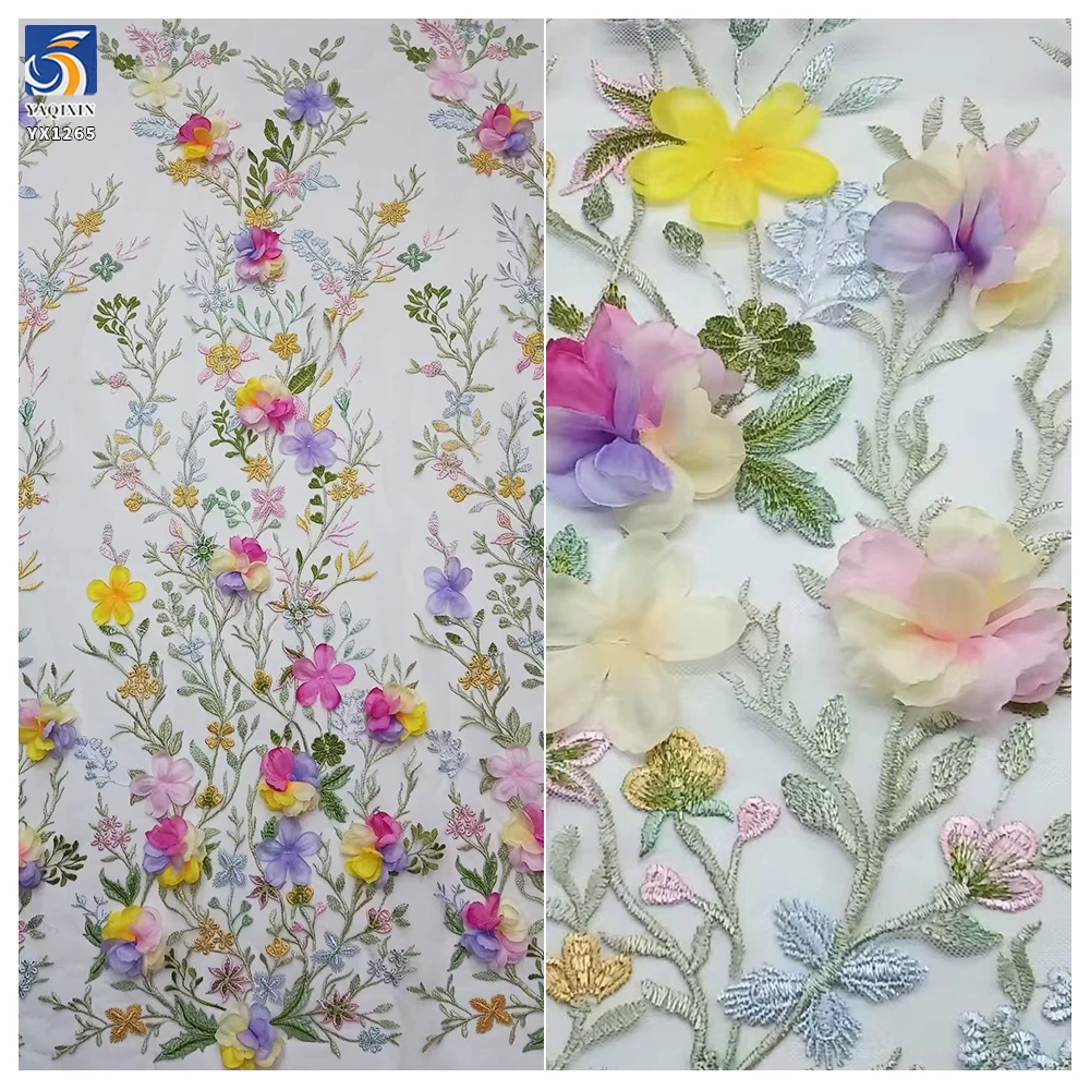 YX1265 Competitive Prices Embroidered Textile Tulle Fabrics Poly Multi-Color Candy Hand Embroidery 3D Flower Dress Fabric - 图片 3