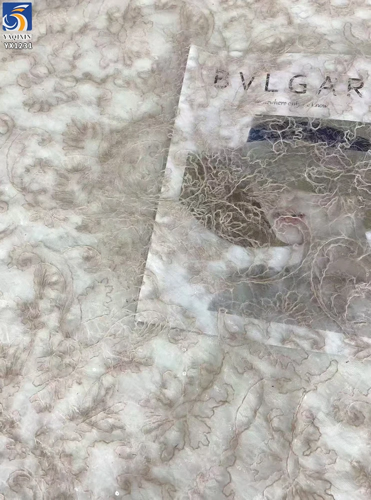 YX1231 Cheap Brushed Tassel Wool Embroidered Mesh Lace Fabric With Sequins Custom Embroidery Clothing Mesh Fabric - 图片 2