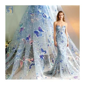 DX08 Custom Polyester Soft Tulle Mesh Butterfly Fabric Dress Embroidery Shiny Sequin Butterfly Tulle Netting Fabric