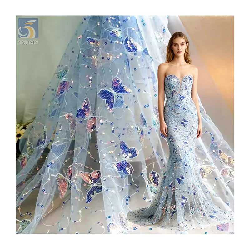 DX08 Custom Polyester Soft Tulle Mesh Butterfly Fabric Dress Embroidery Shiny Sequin Butterfly Tulle Netting Fabric