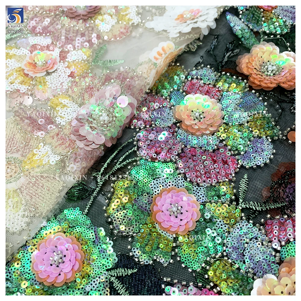 YX1308 3D Florals Colored Sequin Embroidered Mesh Fabric for Spring/Summer Dress Heavy Embroidery Pearls Glitter Sequin Fabric - 图片 6