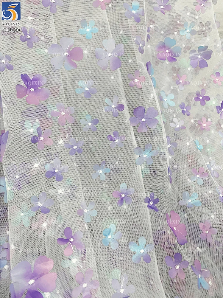 YX1130 High Quality Purple and Blue Gradient Flowers 3D Mesh Fabric 2 Yards Embroidery 3D Florals Tulle Christmas Skirt Fabric - 图片 5