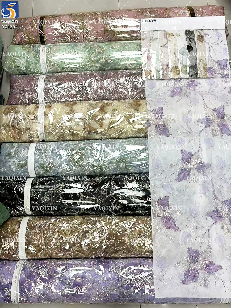 YX1294-3 400g Chinese Manufacturers Design High-End Sequin Knit Lace Fabrics for Cheongsam Sequin Glitter Lace Fabric China - 图片 4
