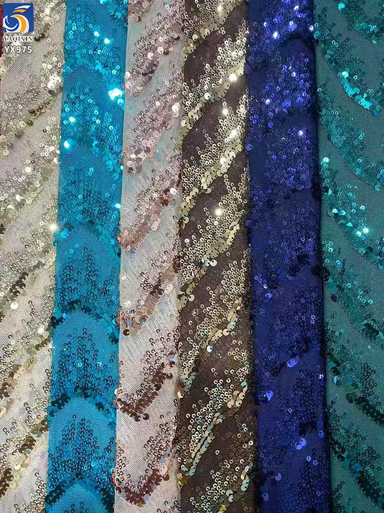 YX975 350gsm Heavyweight Wave Designs Embroidered Mesh Lace Sequin Fabric by the Yard Evening Gown Sequin Knit Fabric - 图片 4