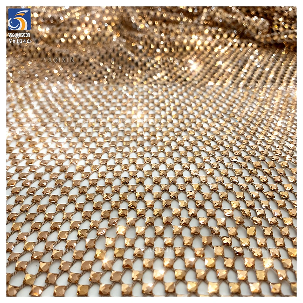 YX1340 Noble and Luxurious Golden Shiny 3D Stone Diamond Net Mesh Fabric Glitter Lace Fabric for Dresses - 图片 3