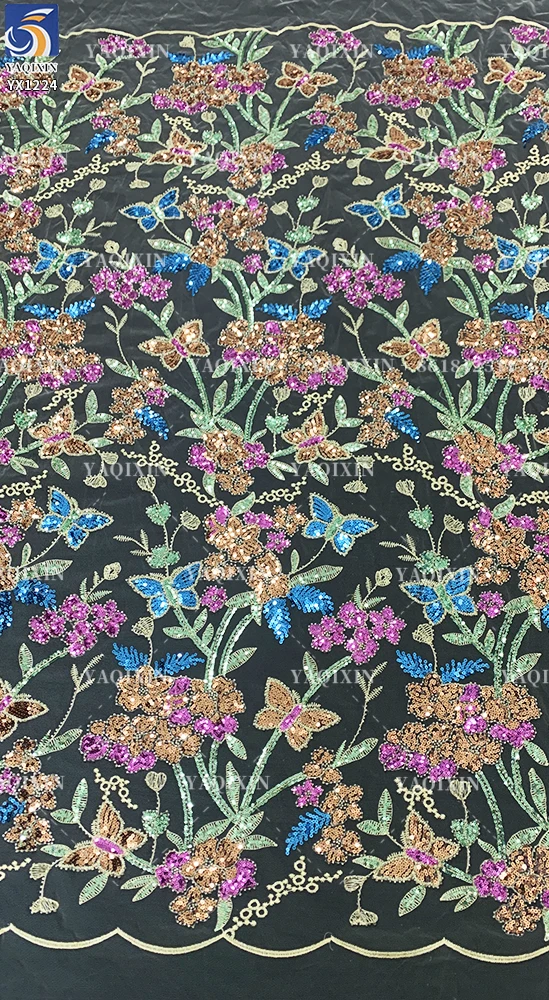 YX1224 African Colorful Sequins Embroidered Lace Fabric Hot Sales Popular Chinese Designer Floral Lace Sequin Fabric Textiles - 图片 4