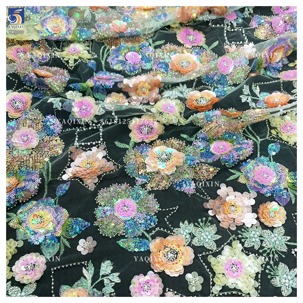 YX1308 3D Florals Colored Sequin Embroidered Mesh Fabric for Spring/Summer Dress Heavy Embroidery Pearls Glitter Sequin Fabric - 图片 3