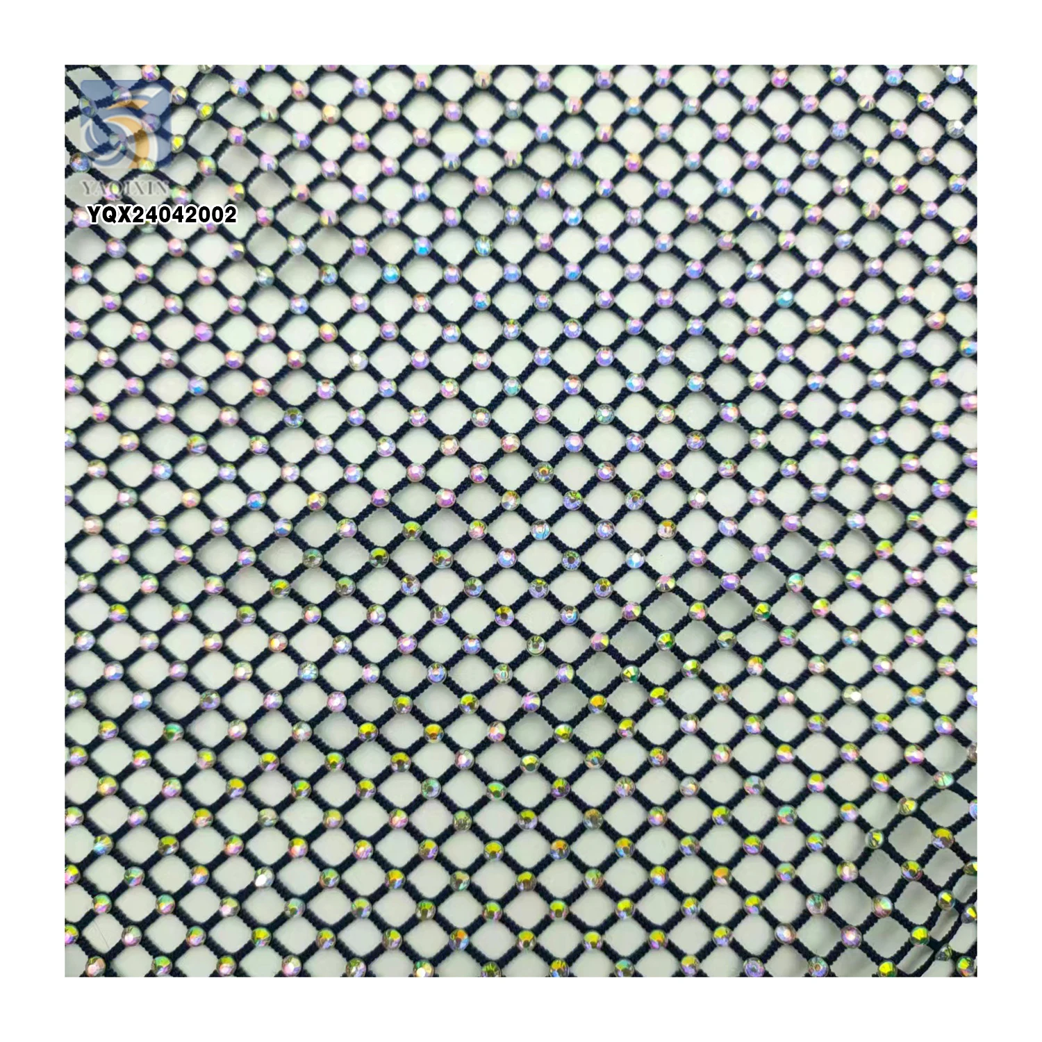 Reasonable Price 130gsm 100%Polyester Black Net Mesh Lace Fabric With Shiny Rhinestones - 图片 6