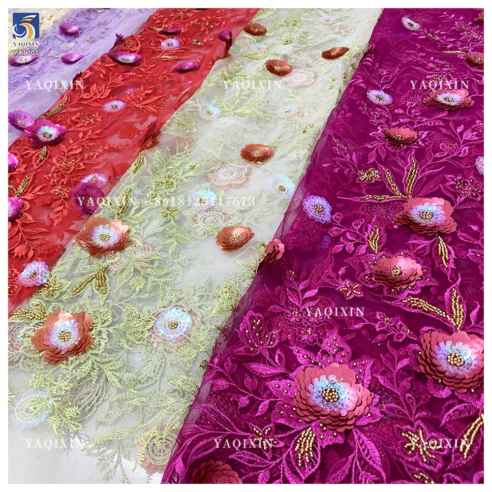 YX1305 Chinese Palace Luxury Style 3D Flower Sequin Colored Lace Mesh Fabric Textile Elegant Embroidered Tulle and Lace Fabric - 图片 6