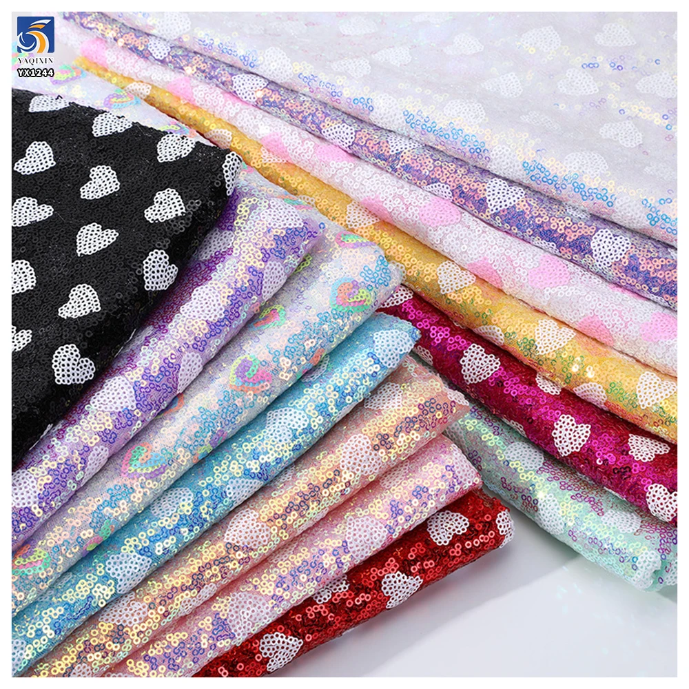 YX1244 New Arrival 3mm Holographic Sequin Embroidery Fabric for Women American Pink Valentine's Day Dreamy Heart Sequin Fabric - 图片 2