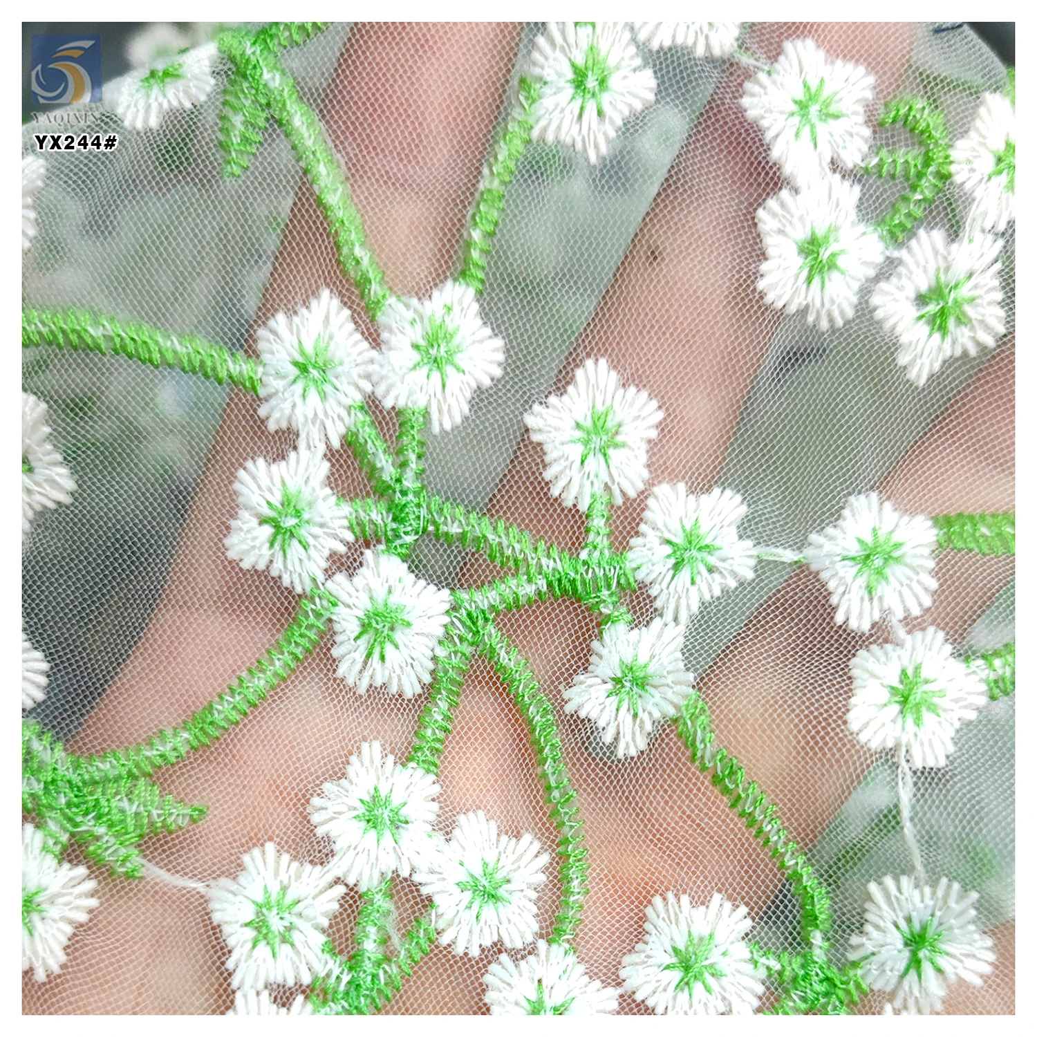 YX244 Golden Supplier French Green Floral Embroidery Lace Fabric Fresh Retro Style Tulle Lace Fabric for Girls' Dress - 图片 5