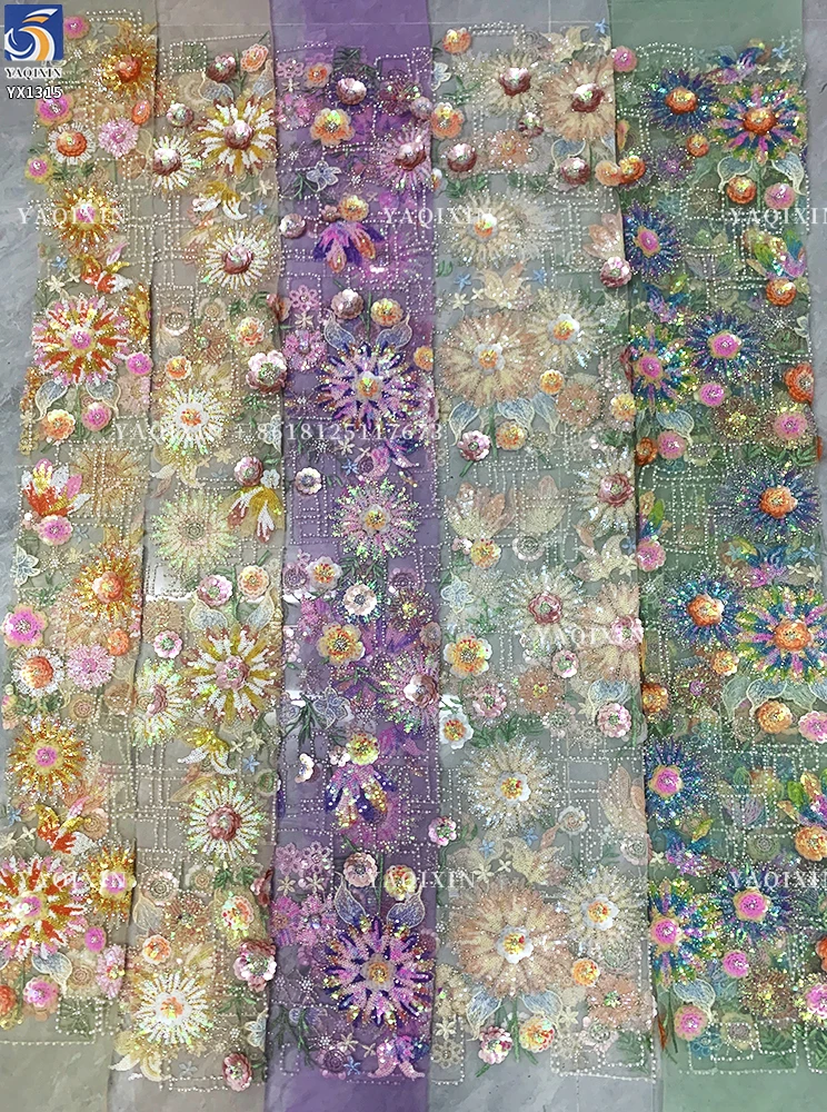 YX1315 Chinese Suppliers Summer-Style Sunflower Design Colorful Sequin Embroidered Mesh Lace Fabric for Women's Clothing - 图片 6