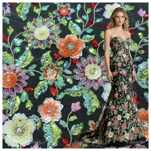 YX1318 Green Colorful Flowers Sequins Heavy Embroidery Mesh Lace Fabric Textiles Lace Fabric Hawaiian Summer Style Lace Dress