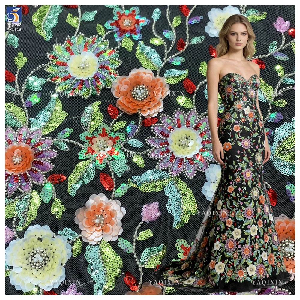 YX1318 Green Colorful Flowers Sequins Heavy Embroidery Mesh Lace Fabric Textiles Lace Fabric Hawaiian Summer Style Lace Dress